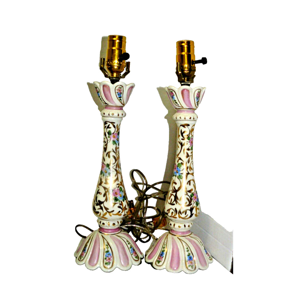 Gilted Pink Blue White Floral Porcelain Pair of Lamps Victorian Style Vintage - Picture 5 of 6